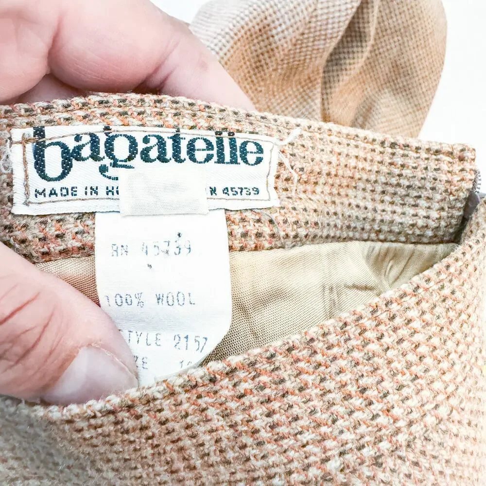 Bagatelle Houndstooth Woven Tweed Wool Skirt Brown/Orange SZ10